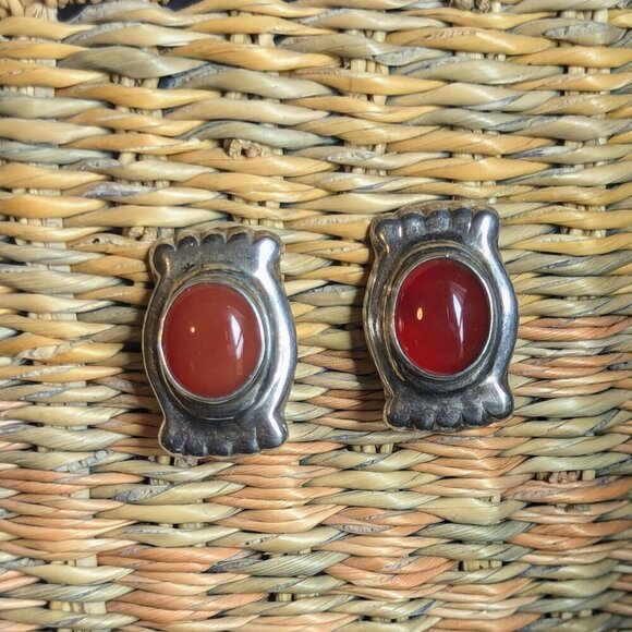 Vintage Carnelian Stone 925 Sterling Silver Mexican Earring Boho Artisan - Picture 1 of 5